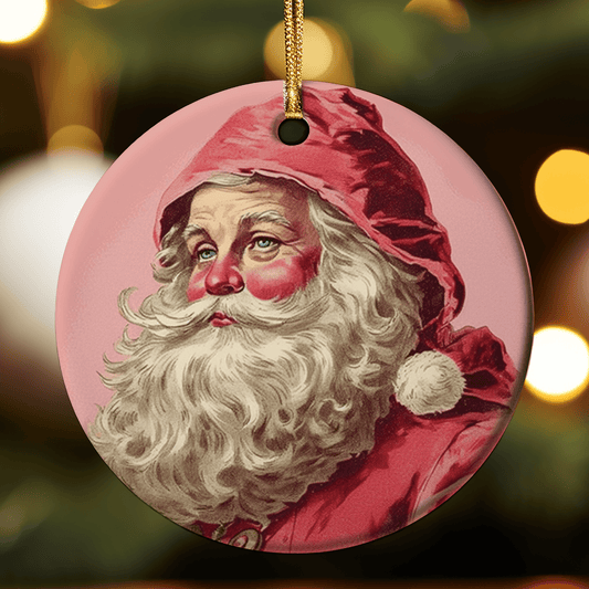 Round ceramic Christmas ornament featuring a vintage-style pink Santa Claus portrait with white beard and red hat, hanging from a gold ribbon against a bokeh holiday light background.