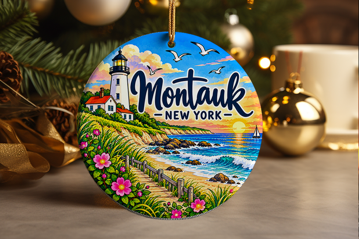 Montauk New York Christmas Ornament, Long Island Lighthouse Souvenir, Coastal Beach Vacation Keepsake
