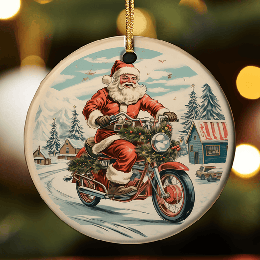 Round ceramic Christmas ornament featuring a jolly Santa Claus riding a red motorcycle decorated with Christmas wreaths and holly through a snowy winter village scene with pine trees and cottages, hanging from a gold ribbon.