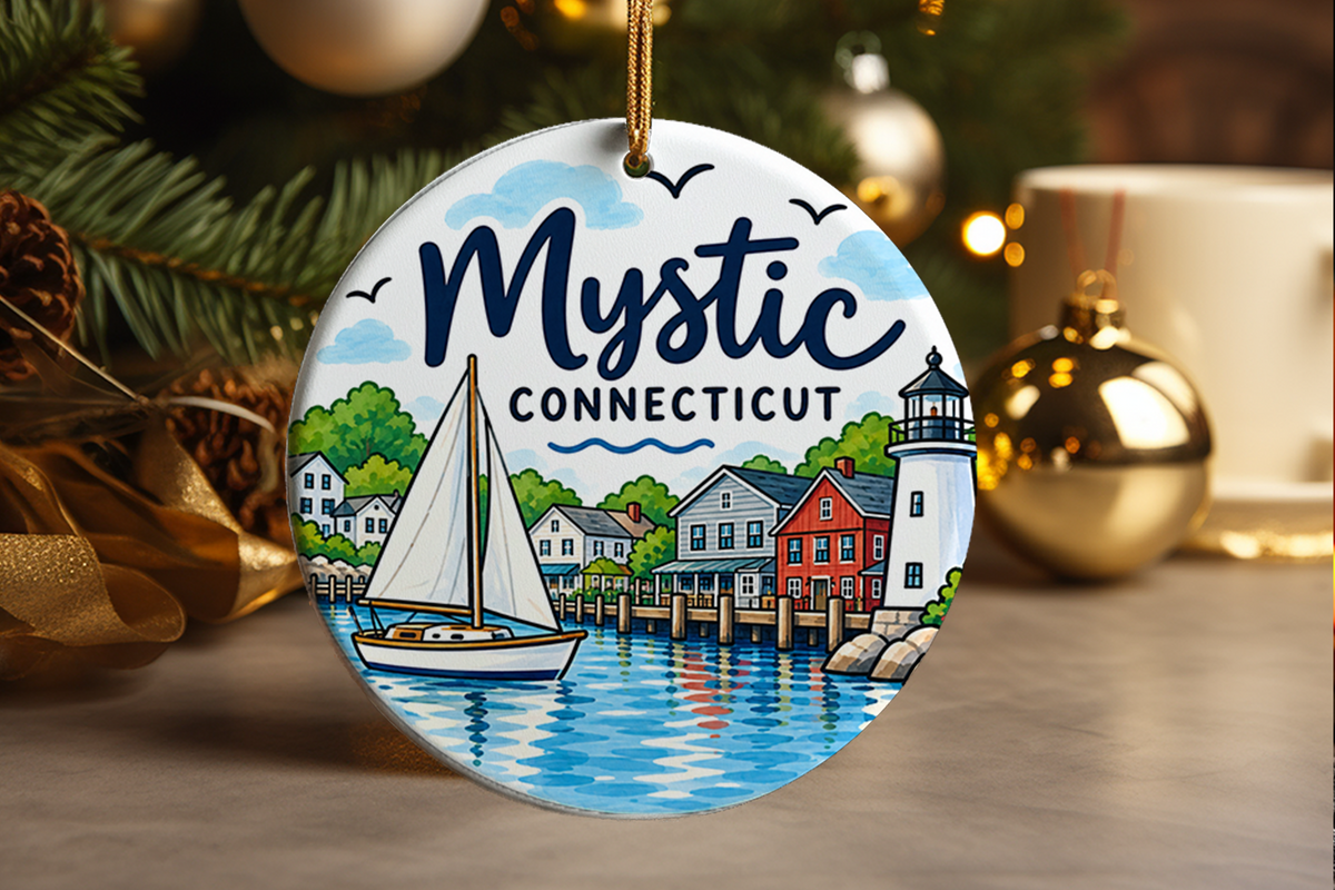 Mystic Connecticut Christmas Ornament, Coastal New England Souvenir, Nautical Travel Keepsake Gift