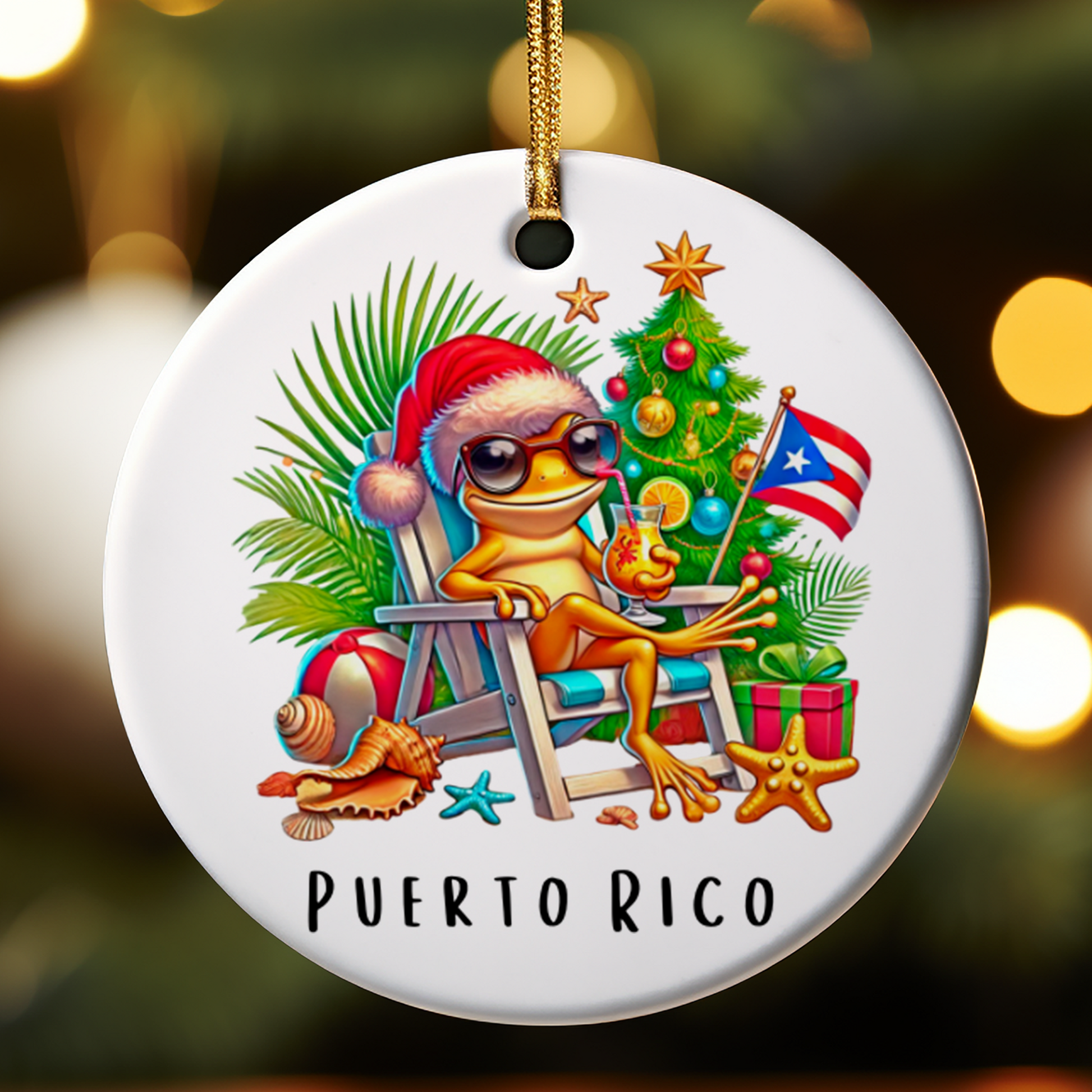 Decorative Christmas ornament with a cartoon frog in a Santa hat, sitting by a Christmas tree with Puerto Rican elements.