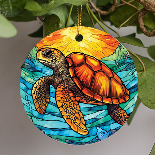 Turtle Stained Glass Inspired Ceramic Ornament