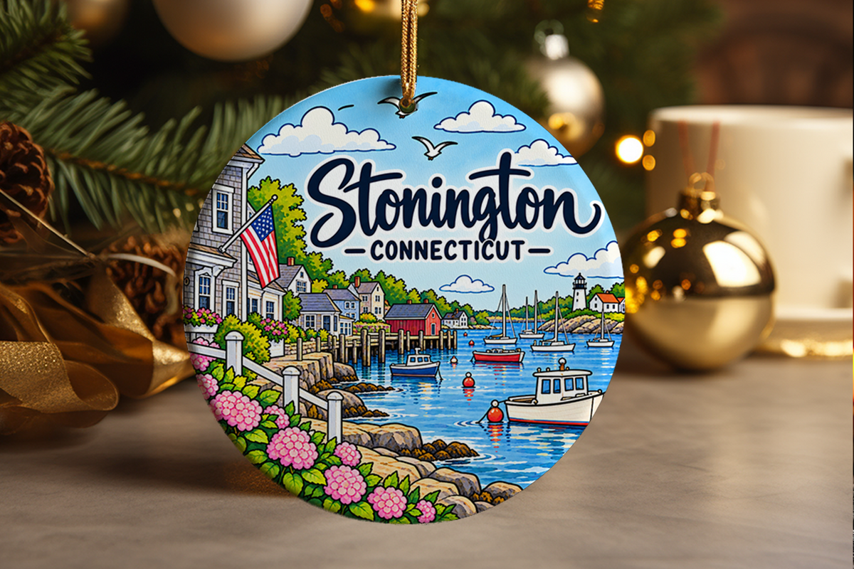 Stonington Connecticut Christmas Ornament, Coastal New England Souvenir, Seaside Village Travel Gift