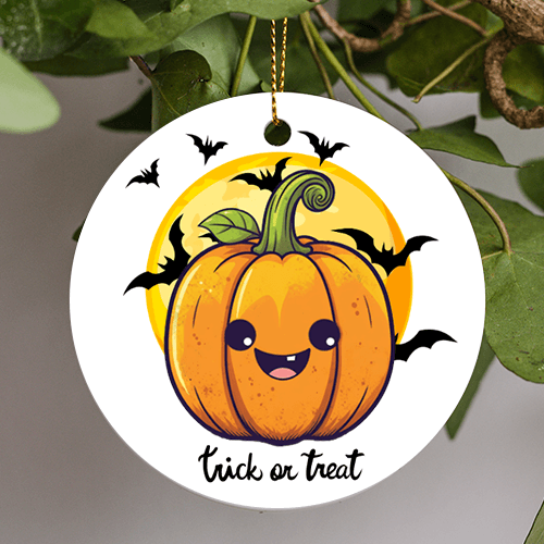 This halloween holiday ornament is in a cartoon cell shaded art style. This orange pumpkin sits happily in the middle go the ornament with one tooth on display as seven black bats fly behind happily in front of the nights moon.