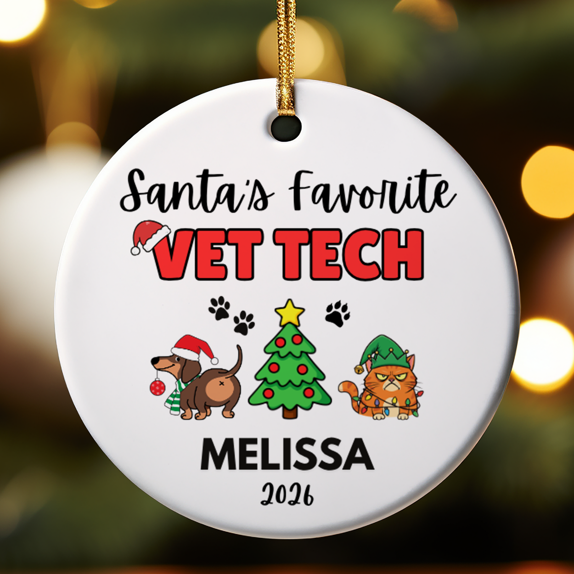 Personalized Vet Tech Christmas ornament with custom name, perfect for veterinary technicians, graduates, and animal lovers.