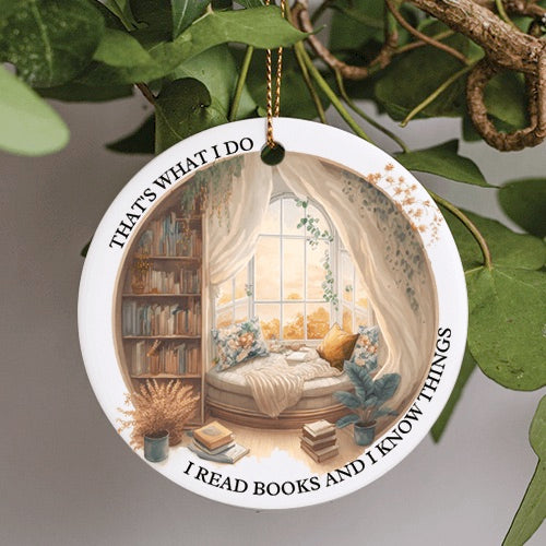 This Everyday Ornament is a dream like fantasy painting of a reading day room with bay window. A window sitting area is built into the bay window with comfy seating and decretive pillows. Next to the window is the library book shelf. All five shelves filled with book as the warm morning glow illuminates the room where the plants sit.